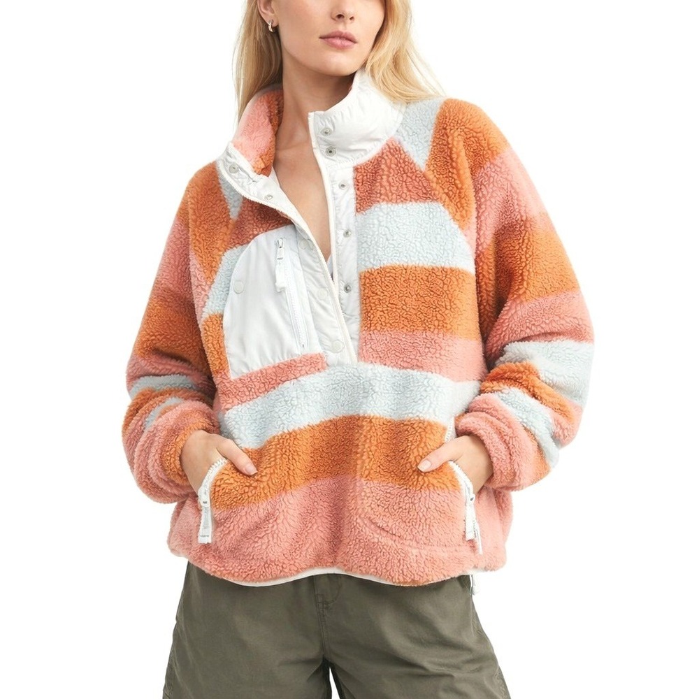FREE PEOPLE Hit The‎ Slopes printed fleece jacket pink stripe logo XS